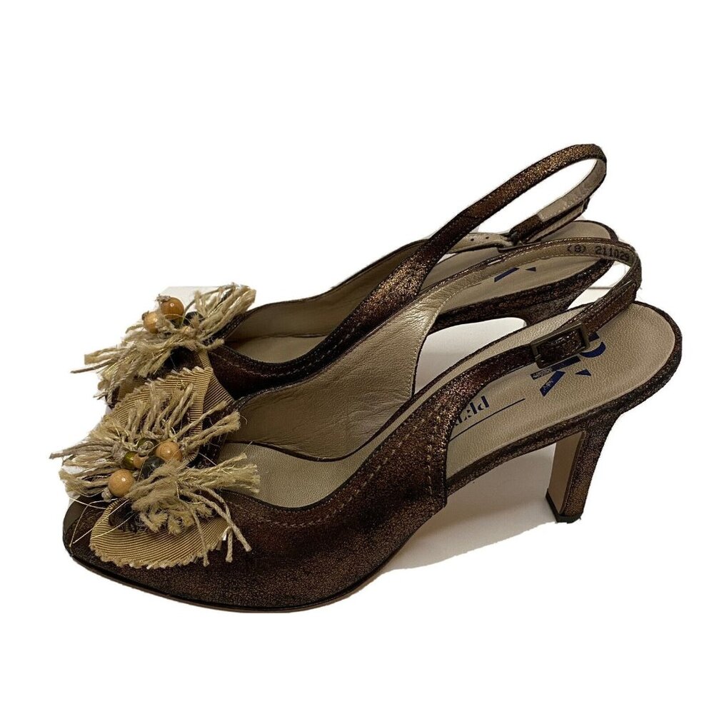 Peter Kaiser Bronze Metallic Leather Raffia Bead Slingback Peep Toe Heels 8